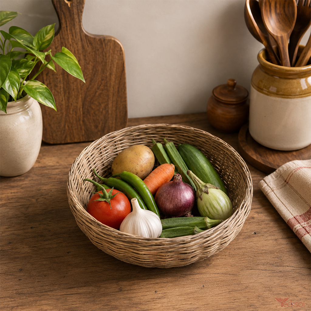 Tecksoi Bamboo Woven Round Basket Self Decor & Storage