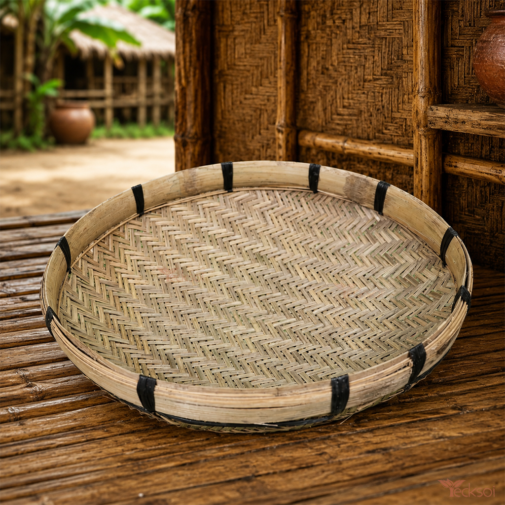 Tecksoi Biodegradable Wicker Chala Round Tray For Kitchen & Home