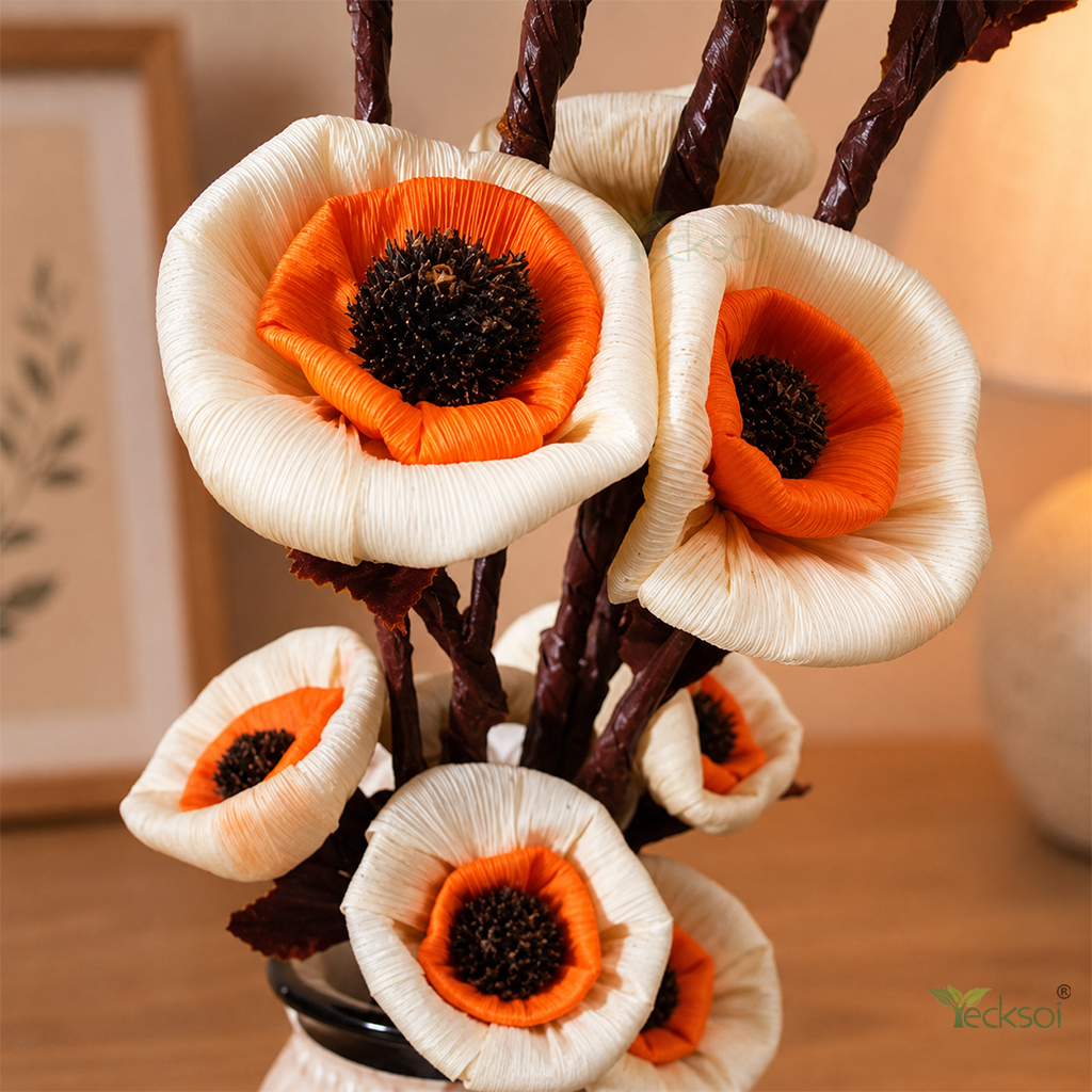 Tecksoi Orange Daisy Corn Rose Flower Sticks – Premium Handcrafted Corn Leaf Dry Flower Decor | Pack Of 5