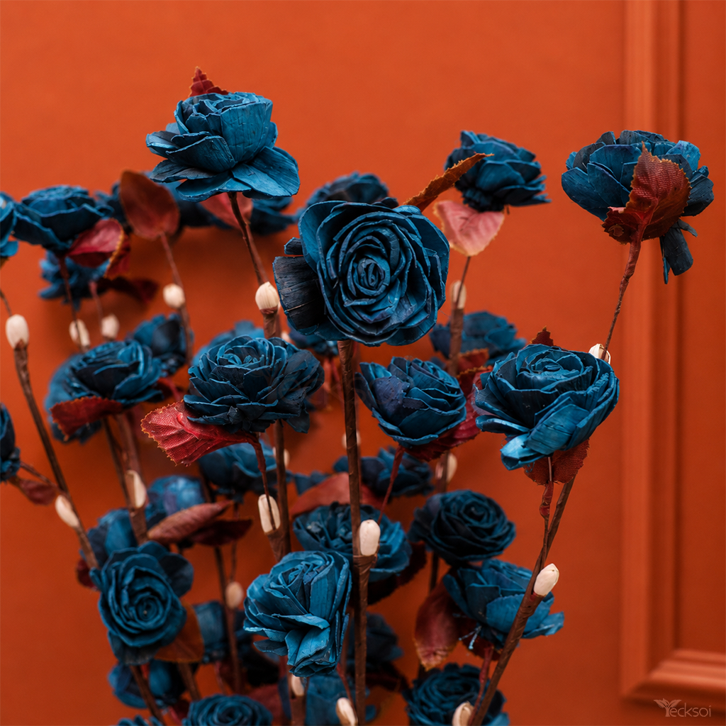 Tecksoi Blue Beauty Rose Sola Wood Flower Sticks – Premium Handmade Dried Flower for Home Decor, Floral Arrangements & Luxury Interior Styling | Pack Of 5