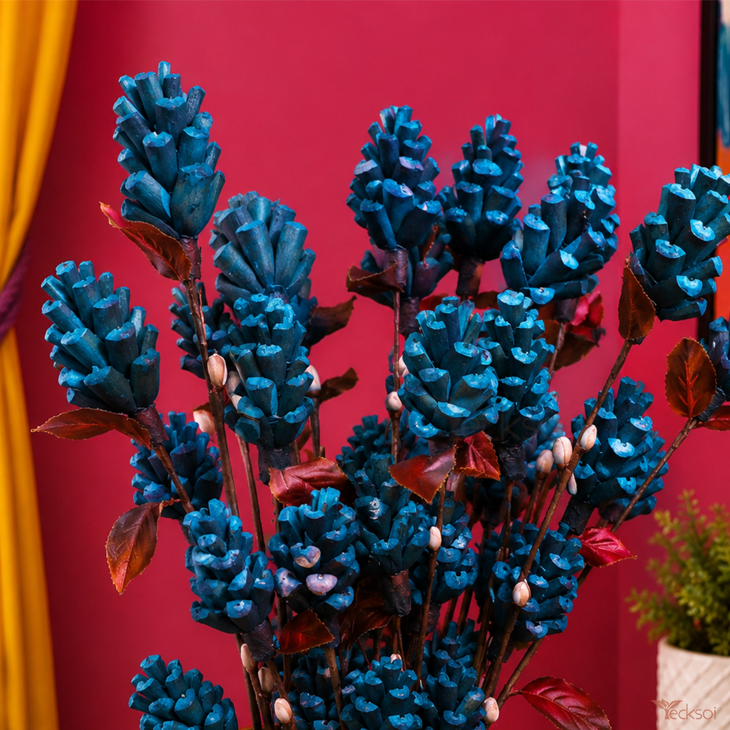 Tecksoi Blue Lattu Pine Sola Wood Flower Sticks – Premium Handmade Dried Flowers for Home Decor, Floral Arrangements & Luxury Interior Styling | Pack Of 5