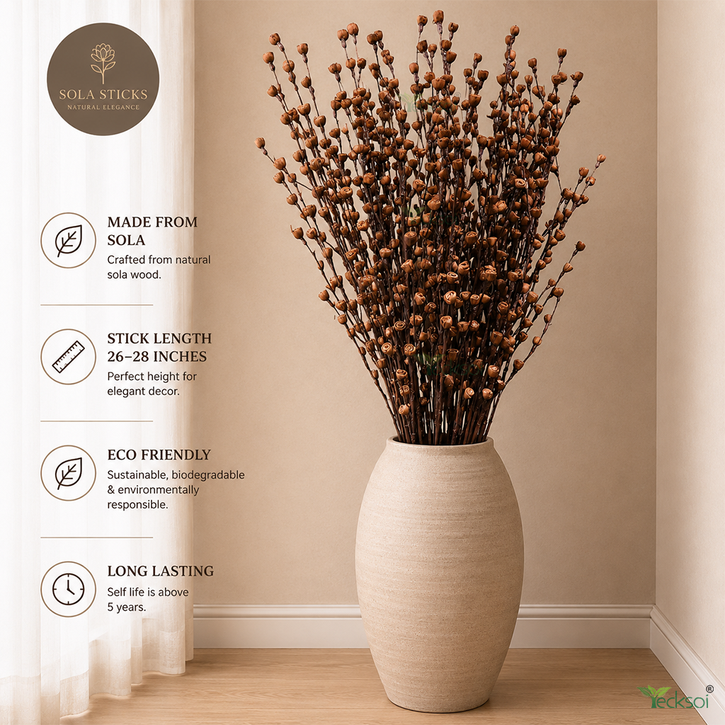 Tecksoi Brown Rose Buds Sola Wood Flower Sticks – Handmade Natural Dry Flower Decor for Home & Event Styling | Pack Of 5