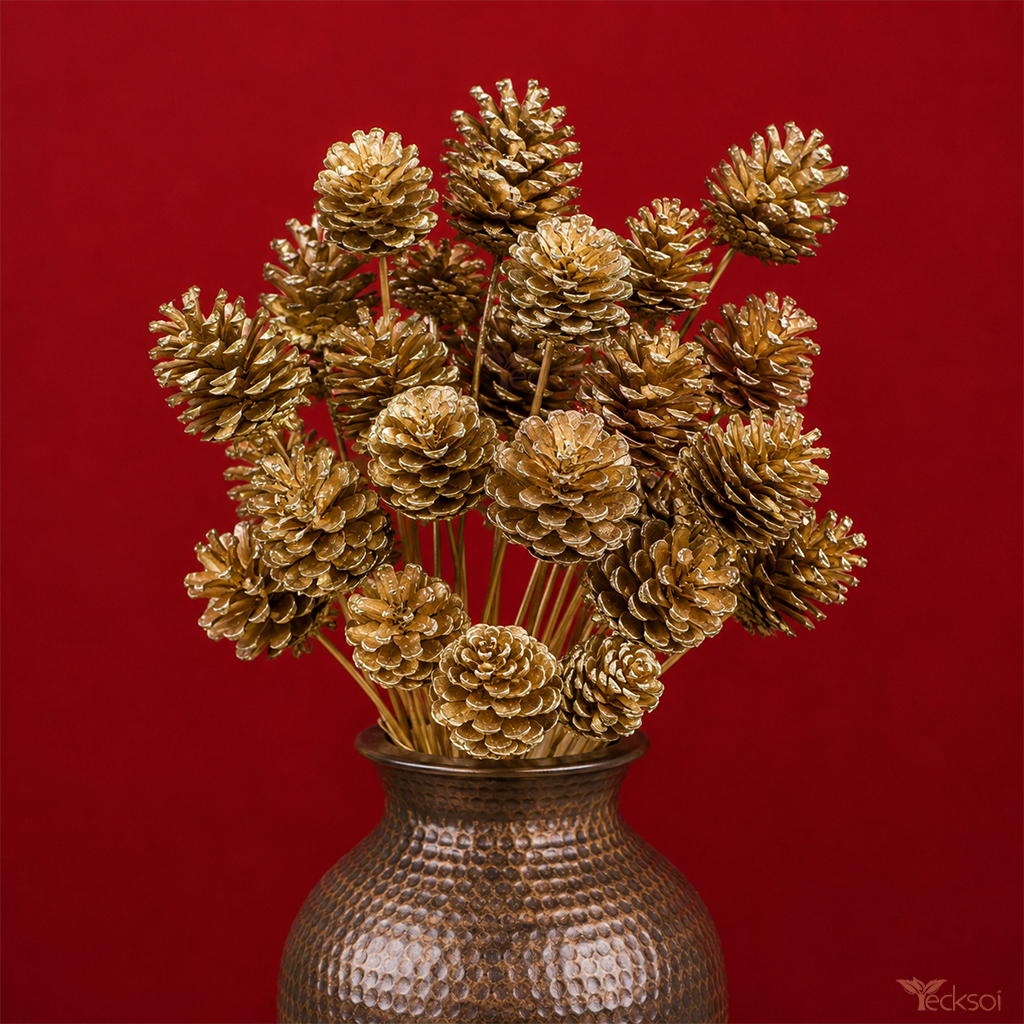Tecksoi Golden Lattu Pine with Stem – Premium Dried Pine Cone for Luxury Home Decor, Floral Arrangements & DIY Crafts | Pack Of 10