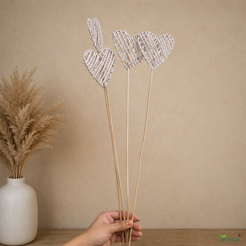 Tecksoi Lata Vine Heart on Stem – Handmade Natural Heart-Shaped Dry Exotic Decorative Filler for Bouquets, Floral Arrangements & Creative Decor | Pack of 10