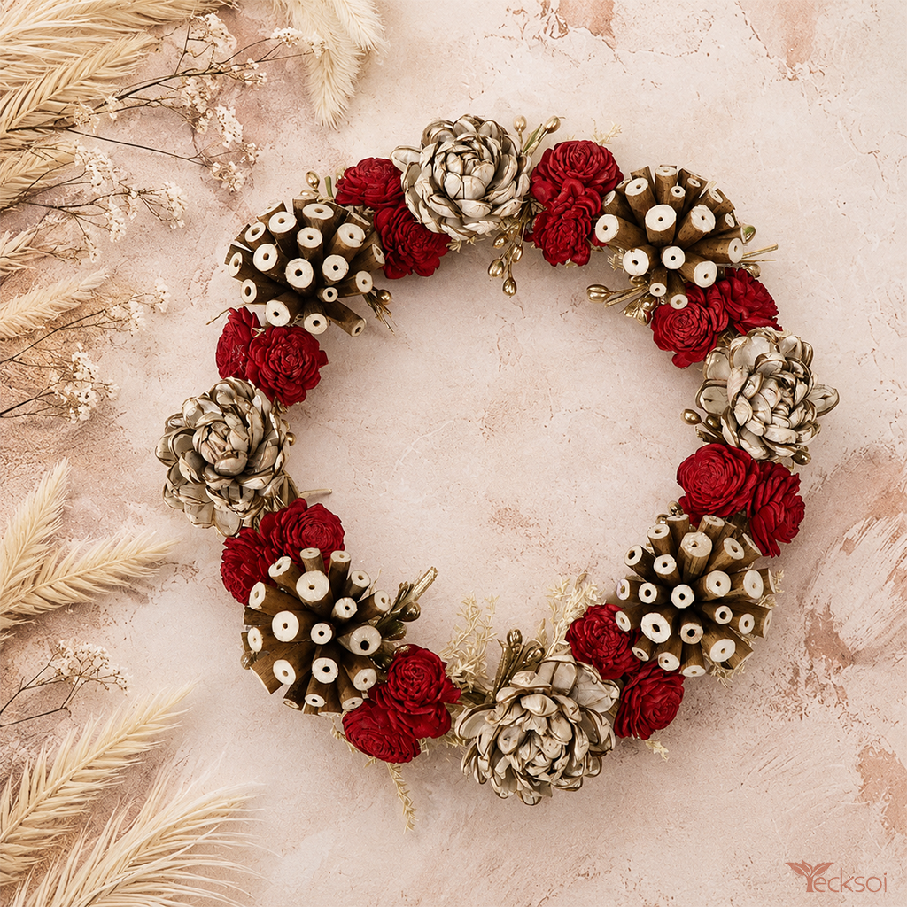 Tecksoi Mindful Wreath of Sola Flower – Premium Handmade Sola Wood Flower Wreath for Door, Wall, Event & Christmas Decor