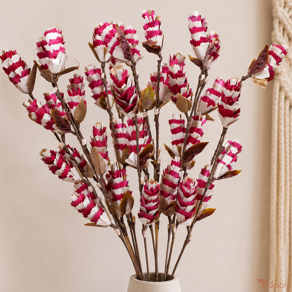 Tecksoi Natural Dried Pink White Twin Sola Wood Flower Sticks For Decor | Pack Of 5
