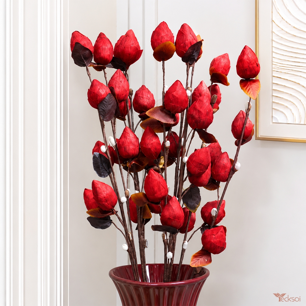 Tecksoi Red Lotus Buds Sola Wood Flower Sticks – Premium Handmade Dyed Sola Wood Flowers for Puja Decor, Home Decoration & Floral Arrangements | Pack of 5