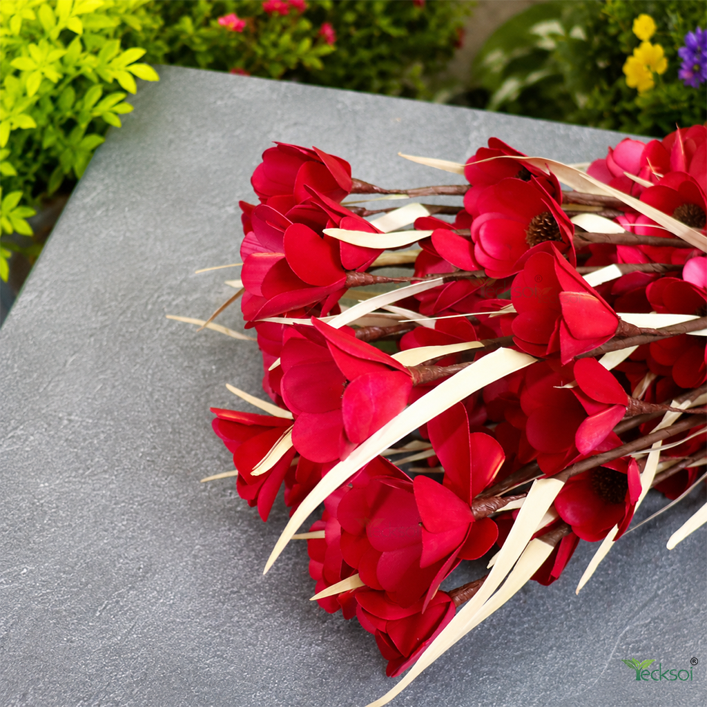 Tecksoi Red Palm Daisy Flower Sticks – Handmade Premium Palm Leaf Dry Flower Decor for Home & Event Decoration | Pack Of 5