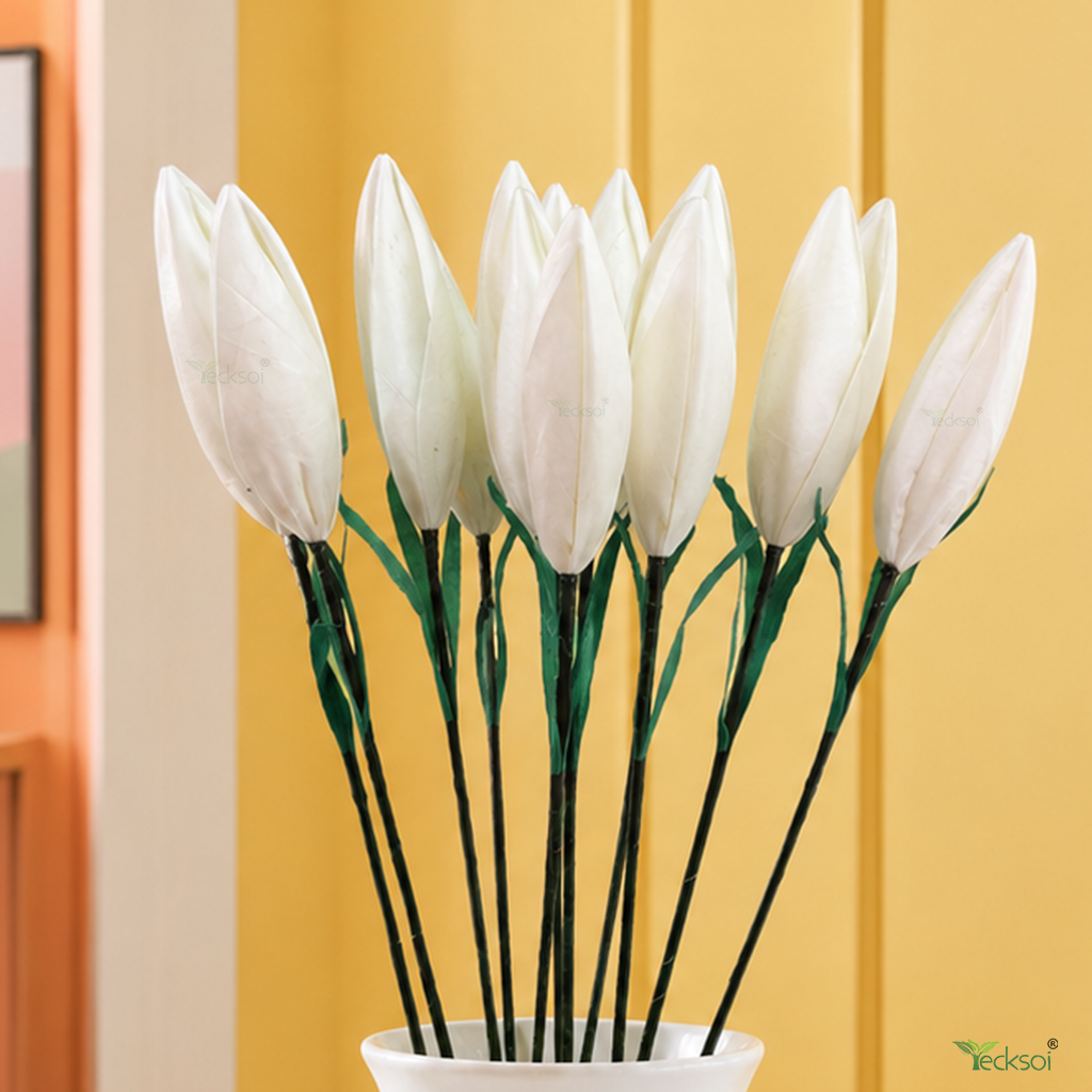 Tecksoi Silk Lotus Buds White Flower Sticks – Handmade Premium Floral Decor for Home & Event Decoration | Pack Of 5