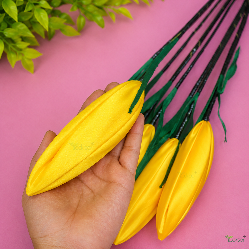 Tecksoi Silk Lotus Buds Yellow Flower Sticks – Handmade Premium Floral Decor for Home & Event Decoration | Pack Of 5