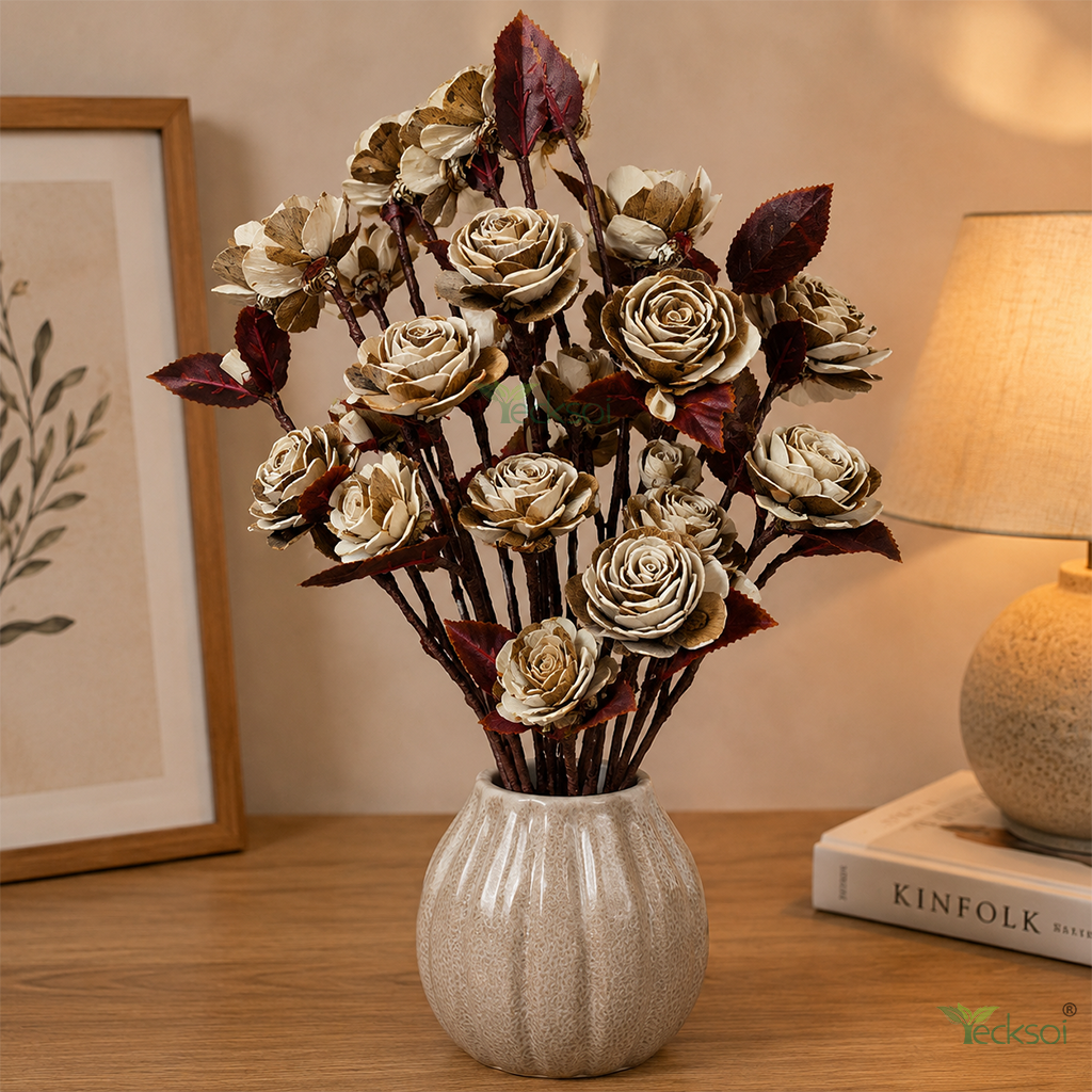 Tecksoi Skin Beauty Rose Sola Wood Flower Sticks – Premium Handcrafted Dry Flower Decor for Elegant Spaces | Pack Of 5