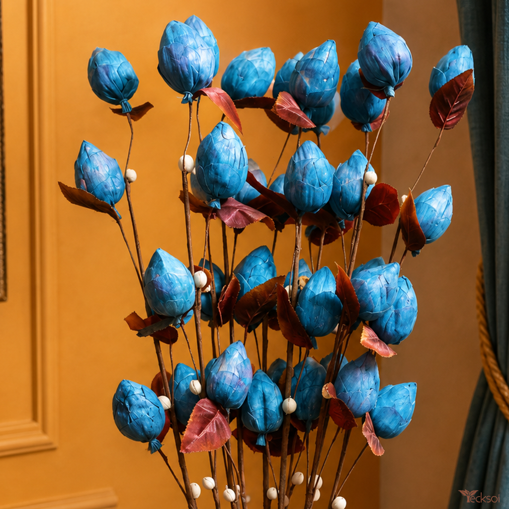 Tecksoi Sola Wood Blue Lotus Buds Flower Sticks – Premium Handmade Natural Dried Flowers for Home Decor, Event Styling & Luxury Floral Arrangements | Pack Of 5