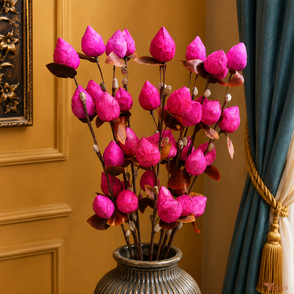 Tecksoi Sola Wood Pink Lotus Buds Flower Sticks – Premium Handmade Dried Flowers for Home Decor, Vase Arrangements & Luxury Event Decoration | Pack Of 5