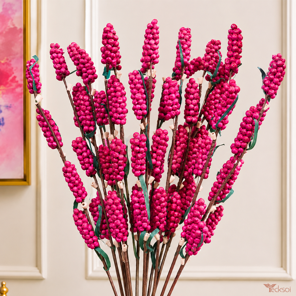 Tecksoi Thermocol Moti Pink Grape Bunches On Stem Dry Decorative Sticks | Pack Of 5