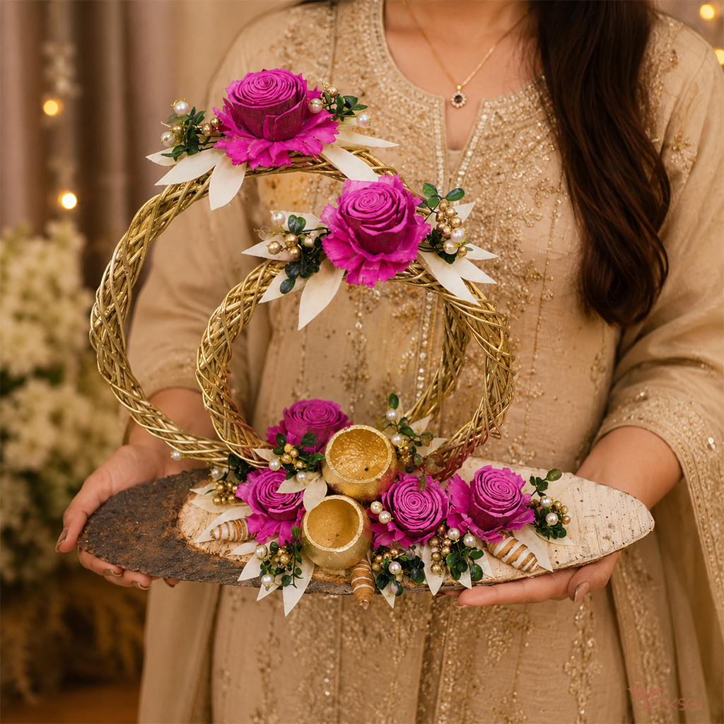Tecksoi Wooden Platter With Lata Ring & Bell Cups Handcrafted Decorative Plate