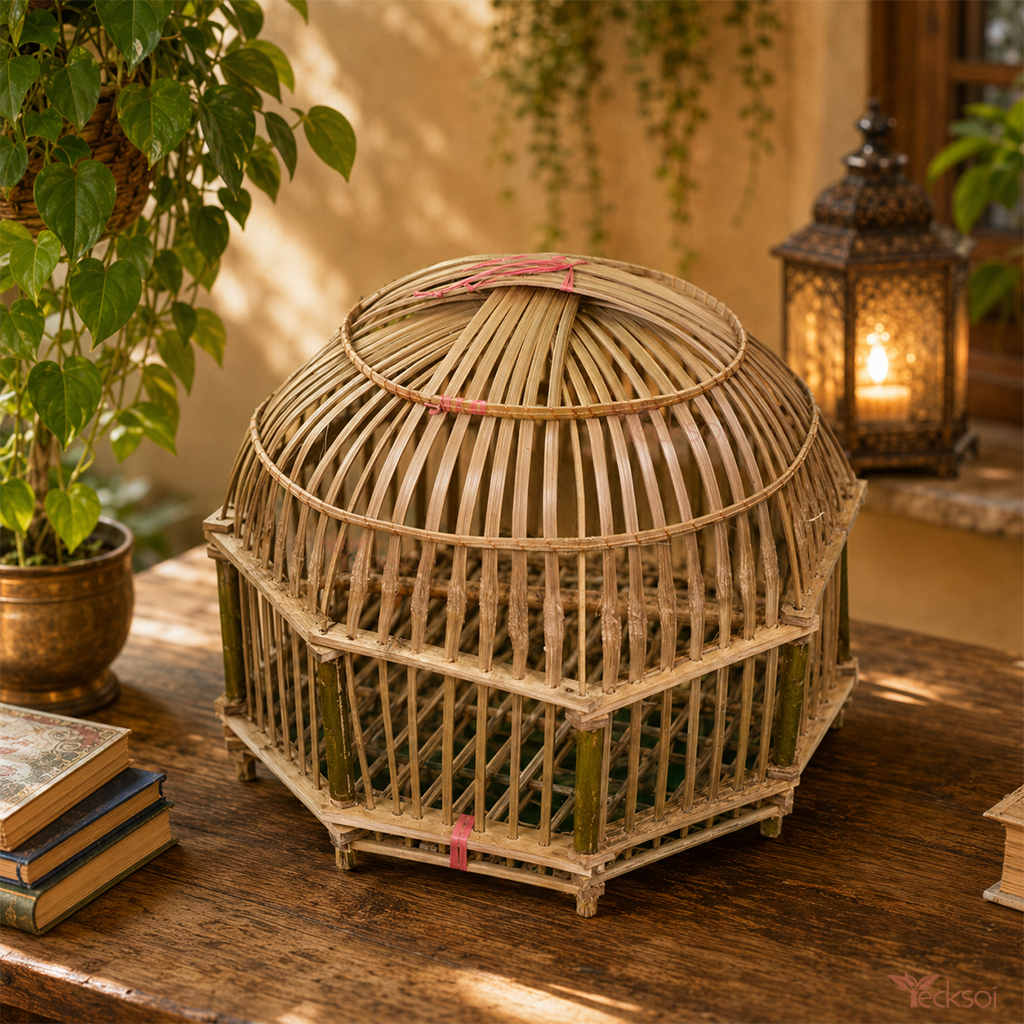 Tecksoi Woven Earth Bamboo Round Bird Cage Large