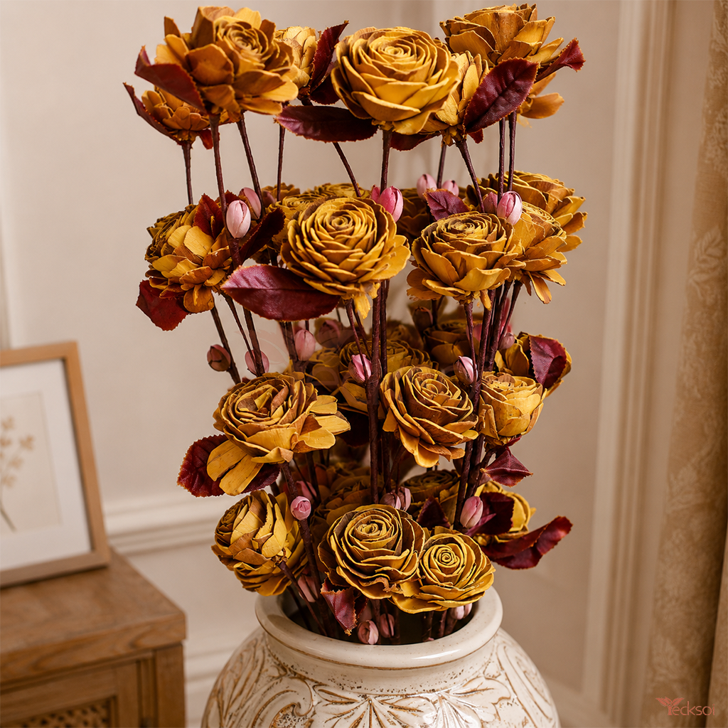 Tecksoi Yellow Beauty Rose Sola Wood Flower Sticks – Premium Handmade Dried Flowers for Home Decor, Vase Arrangements & Luxury Floral Styling | Pack Of 5