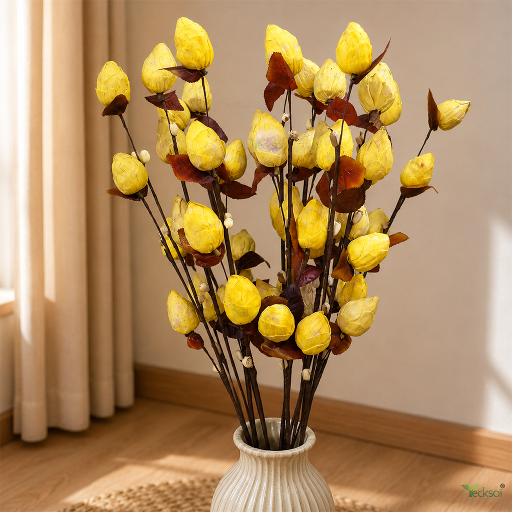 Tecksoi Yellow Lotus Buds Sola Wood Flower Sticks – Handmade Natural Dry Flower Decor for Home Event Styling | Pack Of 5