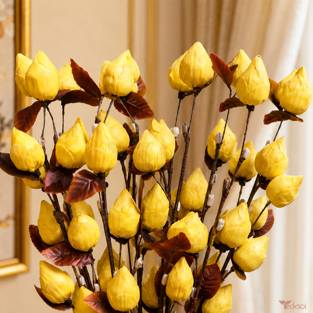 Tecksoi Yellow Lotus Buds Sola Wood Flower Sticks – Handmade Natural Dry Flower Decor for Home Event Styling | Pack Of 5