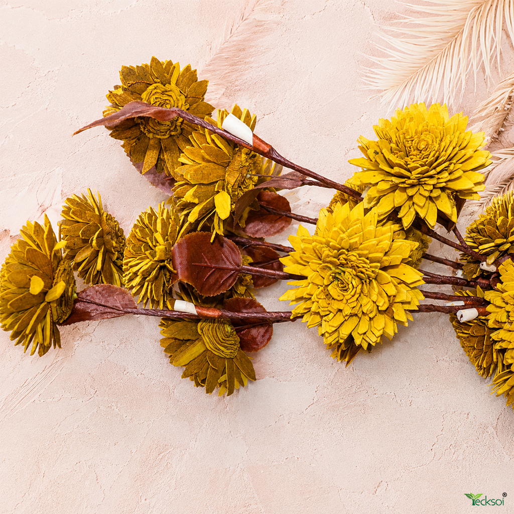 Tecksoi Yellow Zinnia Sola Wood Flower Sticks – Premium Handcrafted Dry Flower Decor for Home Event Styling | Pack Of 5