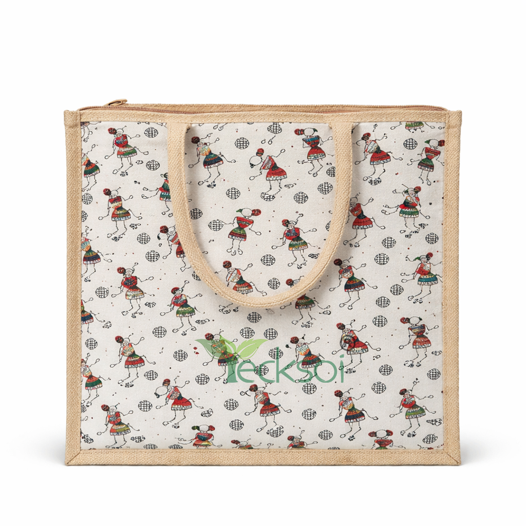 Tecksoi Luxury Big Jute Tote with Zipper | Handcrafted Sustainable Carryall