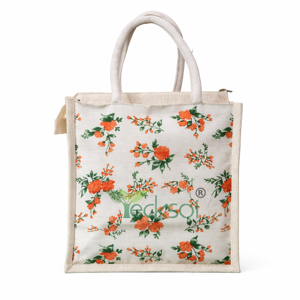 Tecksoi Medium Jute Tote Bag with Zipper | Elegant Sustainable Essential