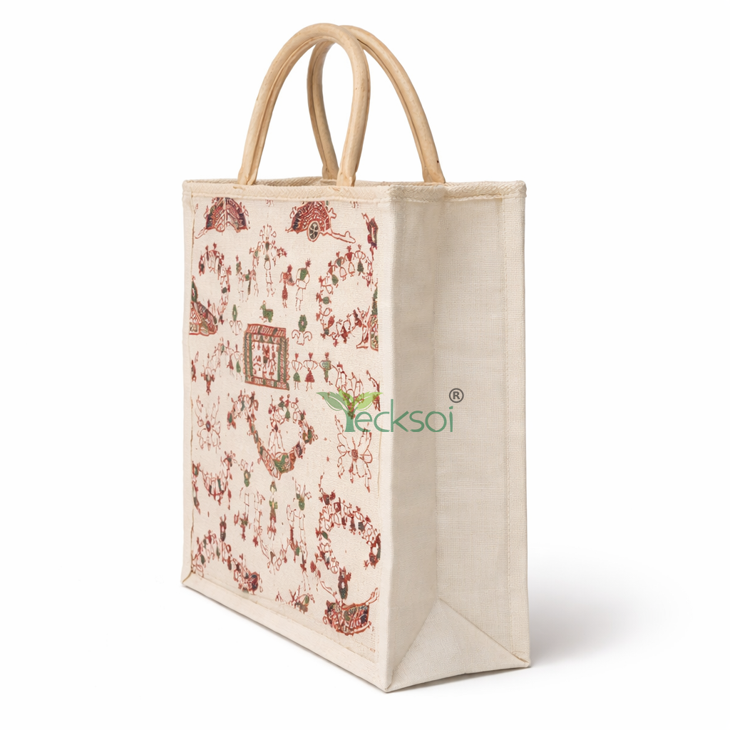Tecksoi White Print Jute Shopping Bag | Premium Quality | 100% Natural | Eco-Friendly