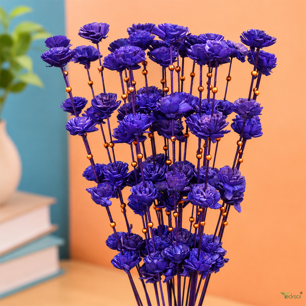 Tecksoi Blue Coco Belle with Golden Moti Sola Wood Flower Sticks – Handmade Luxury Dry Flower Decor for Home & Event Styling | Pack Of 5