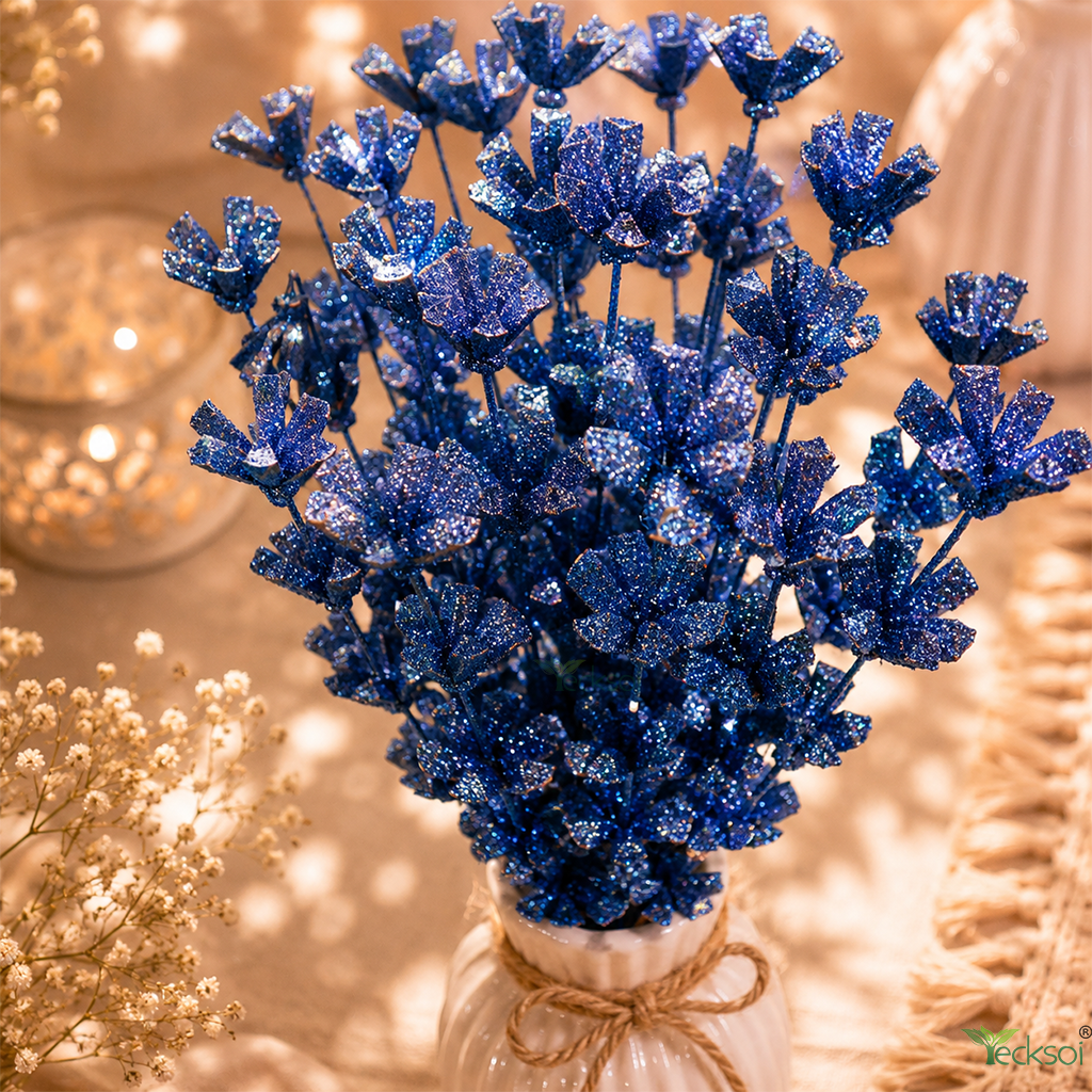 Tecksoi Blue Glitter Touch Sola Wood Flower Sticks – Handmade Premium Decorative Flowers for Home & Event Decor | Pack Of 5