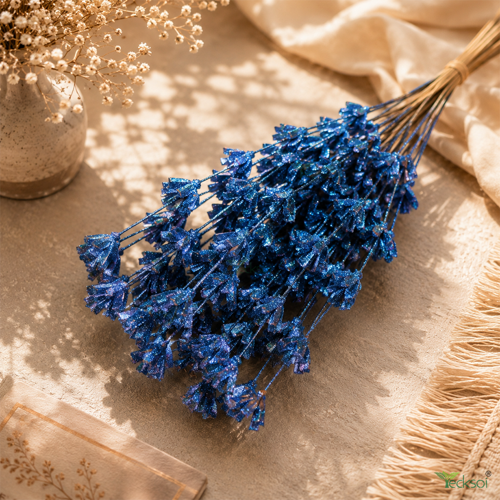 Tecksoi Blue Glitter Touch Sola Wood Flower Sticks – Handmade Premium Decorative Flowers for Home & Event Decor | Pack Of 5