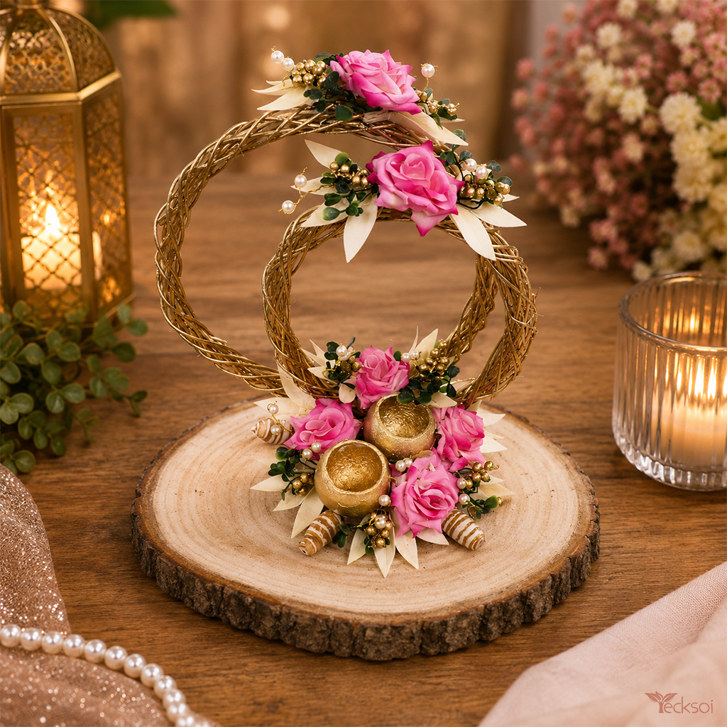 Tecksoi Golden Bell Platter Handmade Wooden Decorative Plate With Cotton Fabric Flower & Palm Leaves