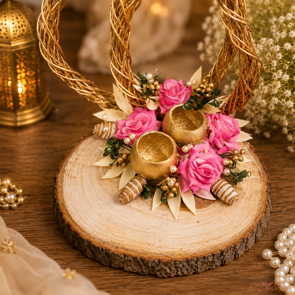 Tecksoi Golden Bell Platter Handmade Wooden Decorative Plate With Cotton Fabric Flower & Palm Leaves