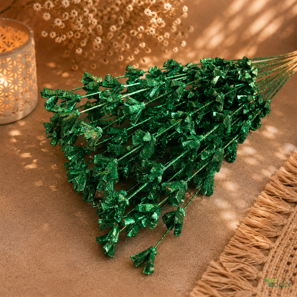 Tecksoi Green Glitter Touch Sola Wood Flower Sticks – Handmade Premium Dry Flower Decor for Home & Event Decoration | Pack Of 5