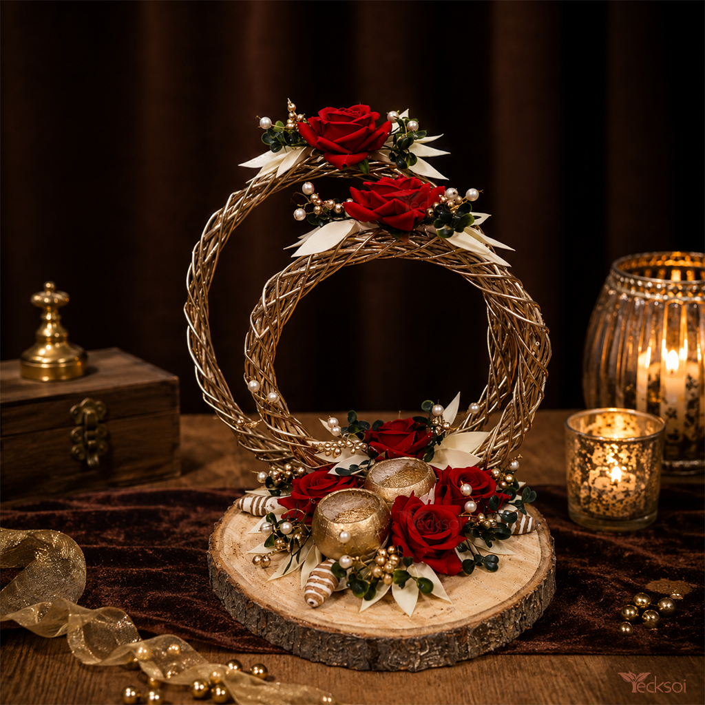 Tecksoi Handcrafted Wooden Ring Platter With Lata Ring & Dry Botanicals Boho Home Decor