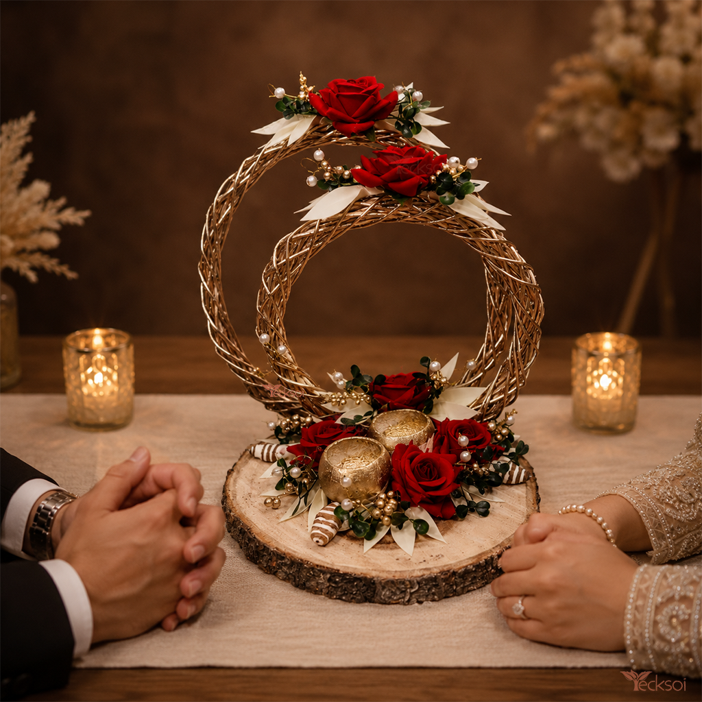 Tecksoi Handcrafted Wooden Ring Platter With Lata Ring & Dry Botanicals Boho Home Decor