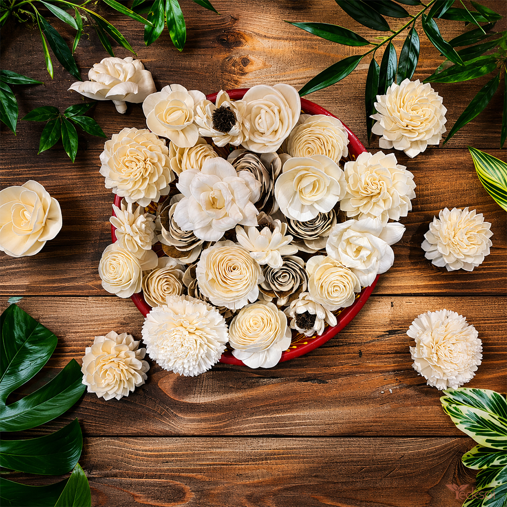 Tecksoi Handmade Natural Assorted Sola Wood Flower | Pack Of 20
