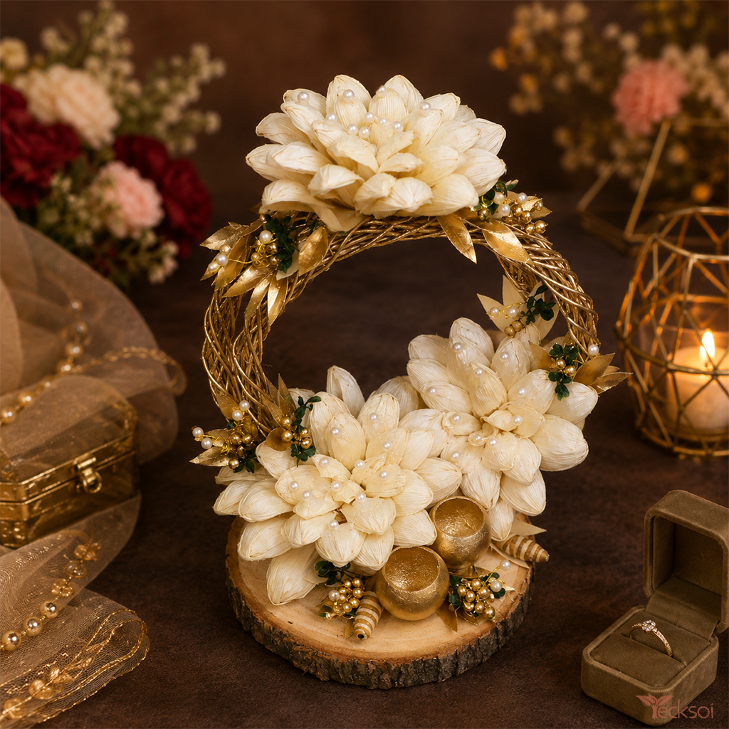 Tecksoi Handmade Wooden Decorative Platter With Palm Leaves & Pearl Festive Centerpiece