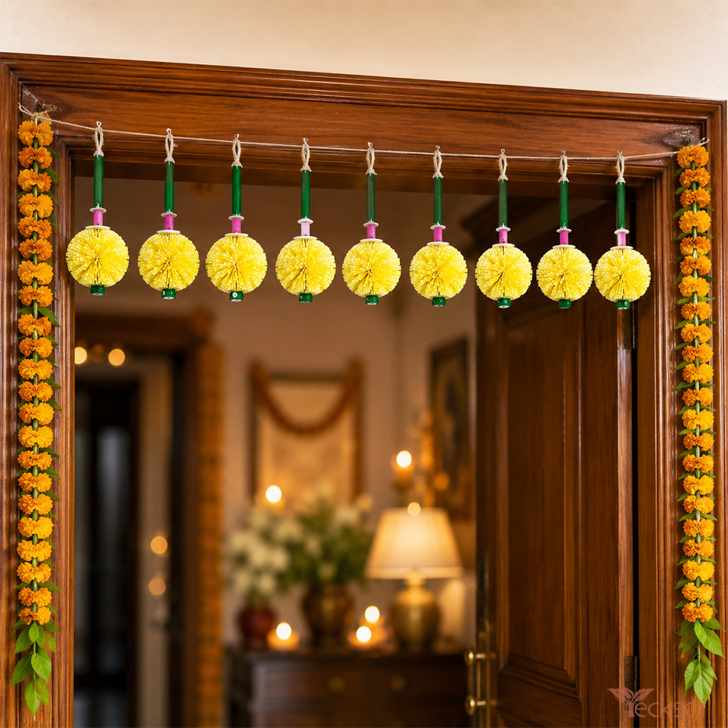 Tecksoi Kadam with String Mix Color – Handmade Sola Wood Flower Hanging for Traditional Bengali Decor, Puja &  Event Decoration | Pack Of 25