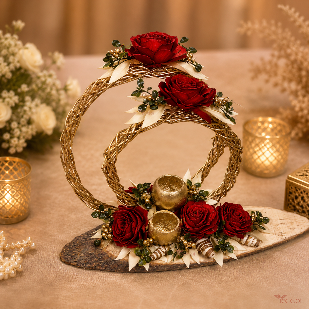 Tecksoi Lata Ring Wooden Platter With Cannella Berries & Sola Flower