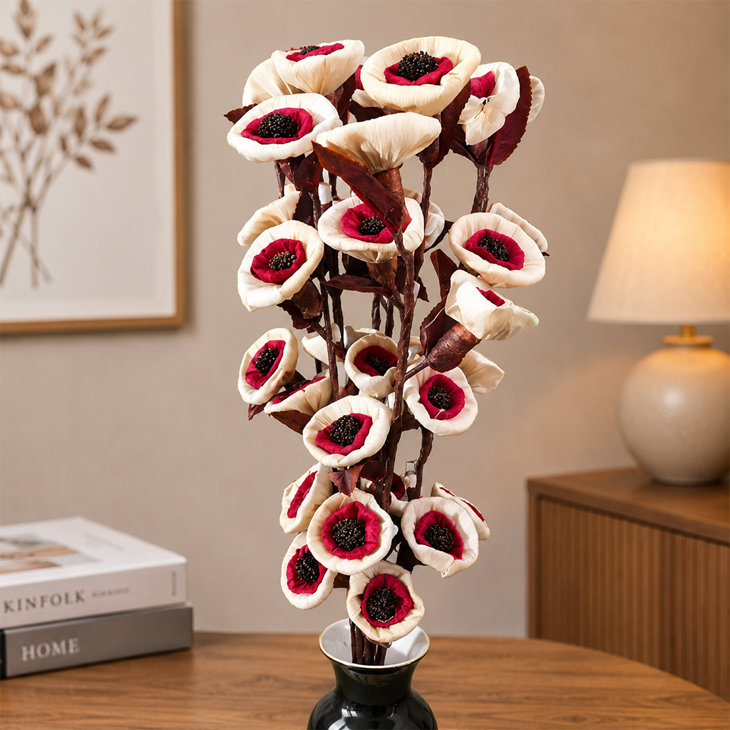 Tecksoi Maroon Daisy Corn Rose Flower Sticks – Premium Handcrafted Corn Leaf Flower Decor for Home & Events | Pack Of 5