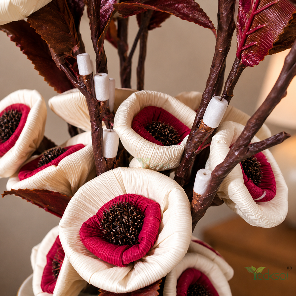 Tecksoi Maroon Daisy Corn Rose Flower Sticks – Premium Handcrafted Corn Leaf Flower Decor for Home & Events | Pack Of 5