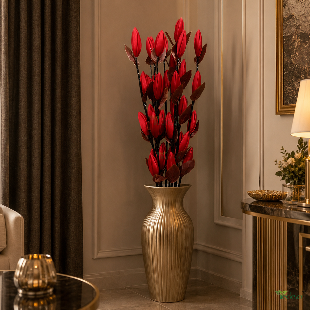 Tecksoi Multiple Red Silk Lotus Buds Flower Sticks – Handmade Premium Floral Decor for Home & Event Decoration | Pack Of 5