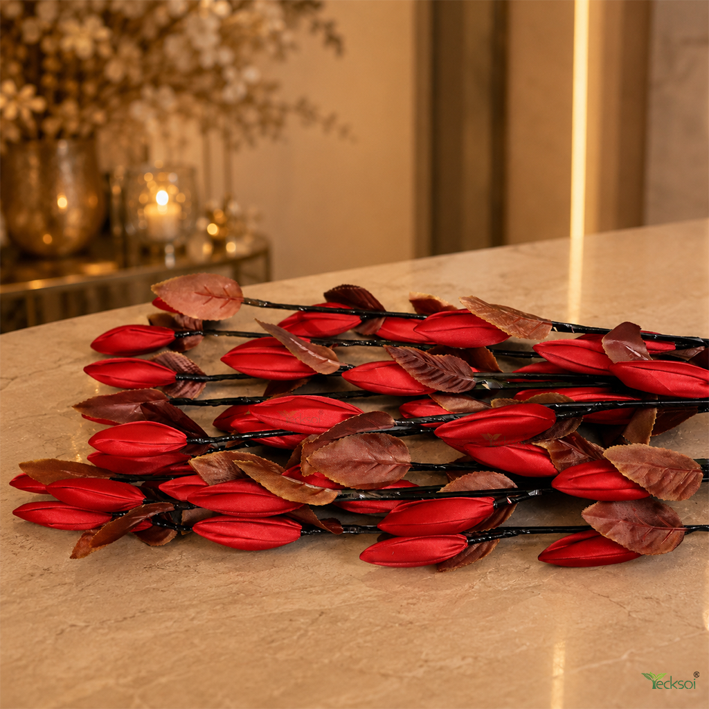 Tecksoi Multiple Red Silk Lotus Buds Flower Sticks – Handmade Premium Floral Decor for Home & Event Decoration | Pack Of 5