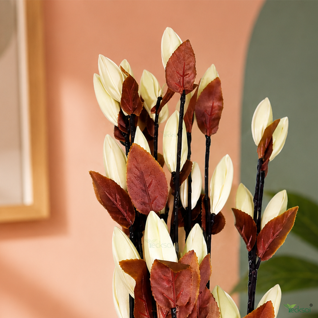 Tecksoi Multiple White Silk Lotus Buds Flower Sticks – Handmade Premium Floral Decor for Home & Event Decoration | Set Of 5
