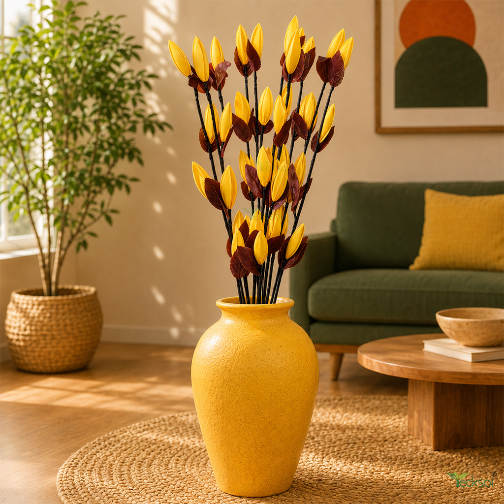 Tecksoi Multiple Yellow Silk Lotus Buds Flower Sticks – Handmade Premium Floral Decor for Home & Event Decoration | Pack Of 5