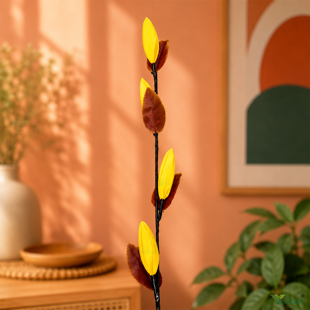 Tecksoi Multiple Yellow Silk Lotus Buds Flower Sticks – Handmade Premium Floral Decor for Home & Event Decoration | Pack Of 5