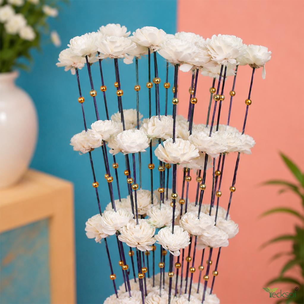 Tecksoi Natural Coco Belle with Golden Moti Sola Wood Flower Sticks – Handmade Premium Dry Flower Decor for Home & Event Decoration | Pack Of 5