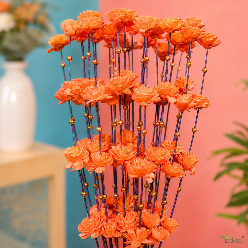 Tecksoi Orange Coco Belle with Golden Moti Sola Wood Flower Sticks – Handmade Premium Dry Flower Decor for Home & Event Decoration | Pack Of 5