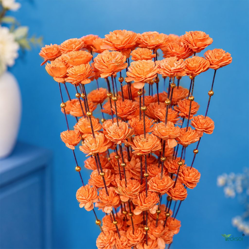 Tecksoi Orange Coco Belle with Golden Moti Sola Wood Flower Sticks – Handmade Premium Dry Flower Decor for Home & Event Decoration | Pack Of 5