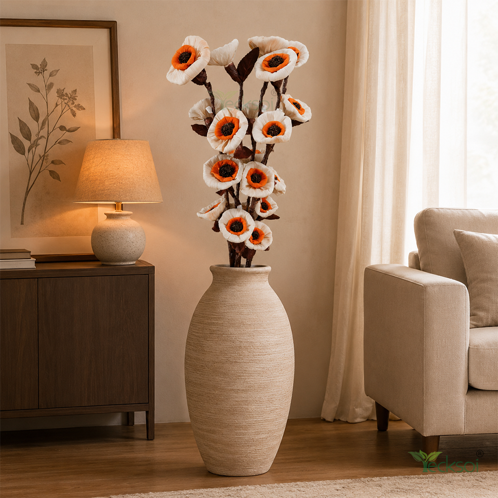 Tecksoi Orange Daisy Corn Rose Flower Sticks – Premium Handcrafted Corn Leaf Dry Flower Decor | Pack Of 5